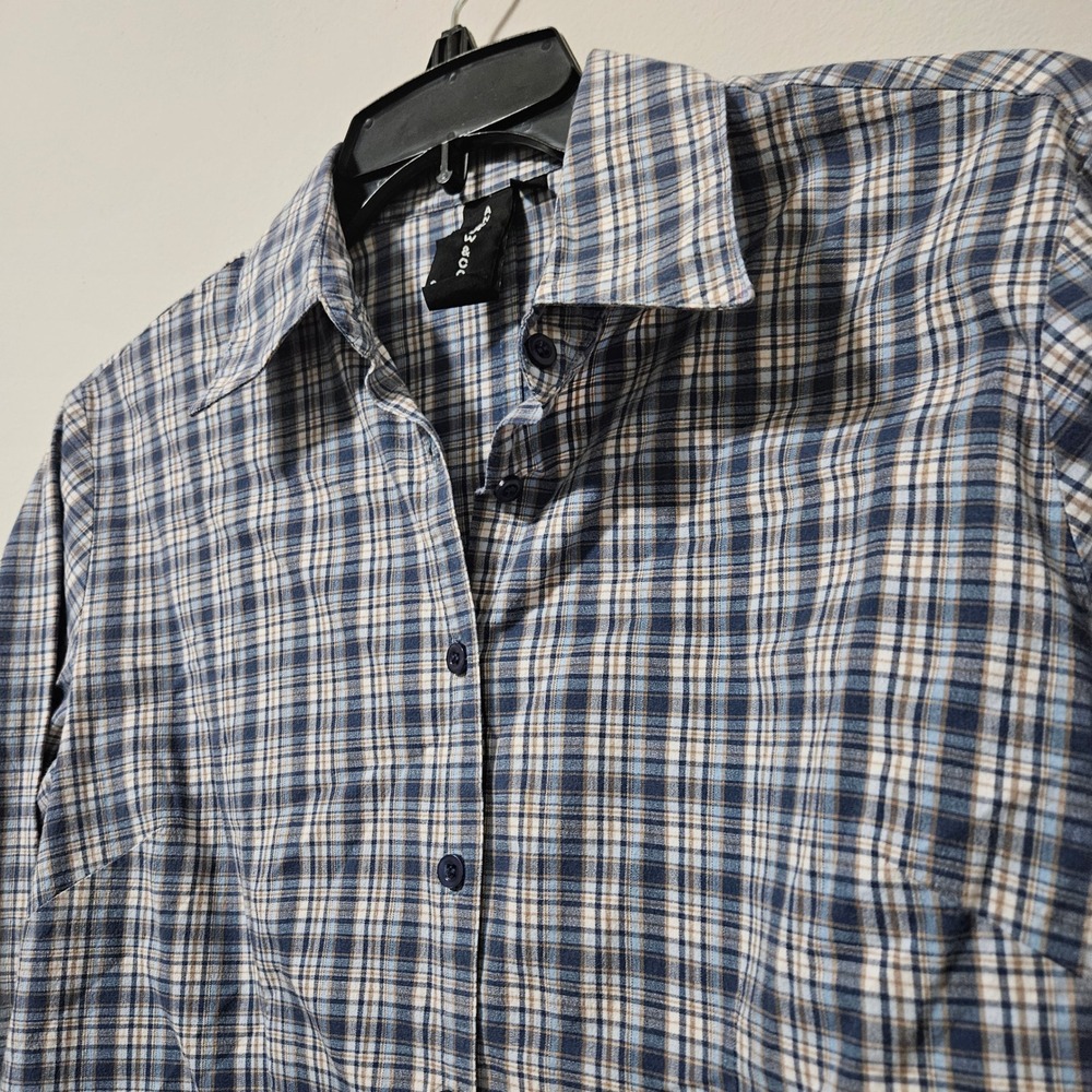 Andrew & Co Womens Blue Tan Plaid Button Down Shirt Long Sleeve Size Medium - Picture 2 of 4